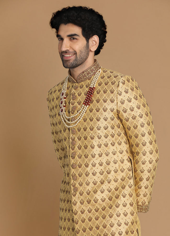 alt message - Manyavar Men Plush Fawn Sherwani Suit image number 0